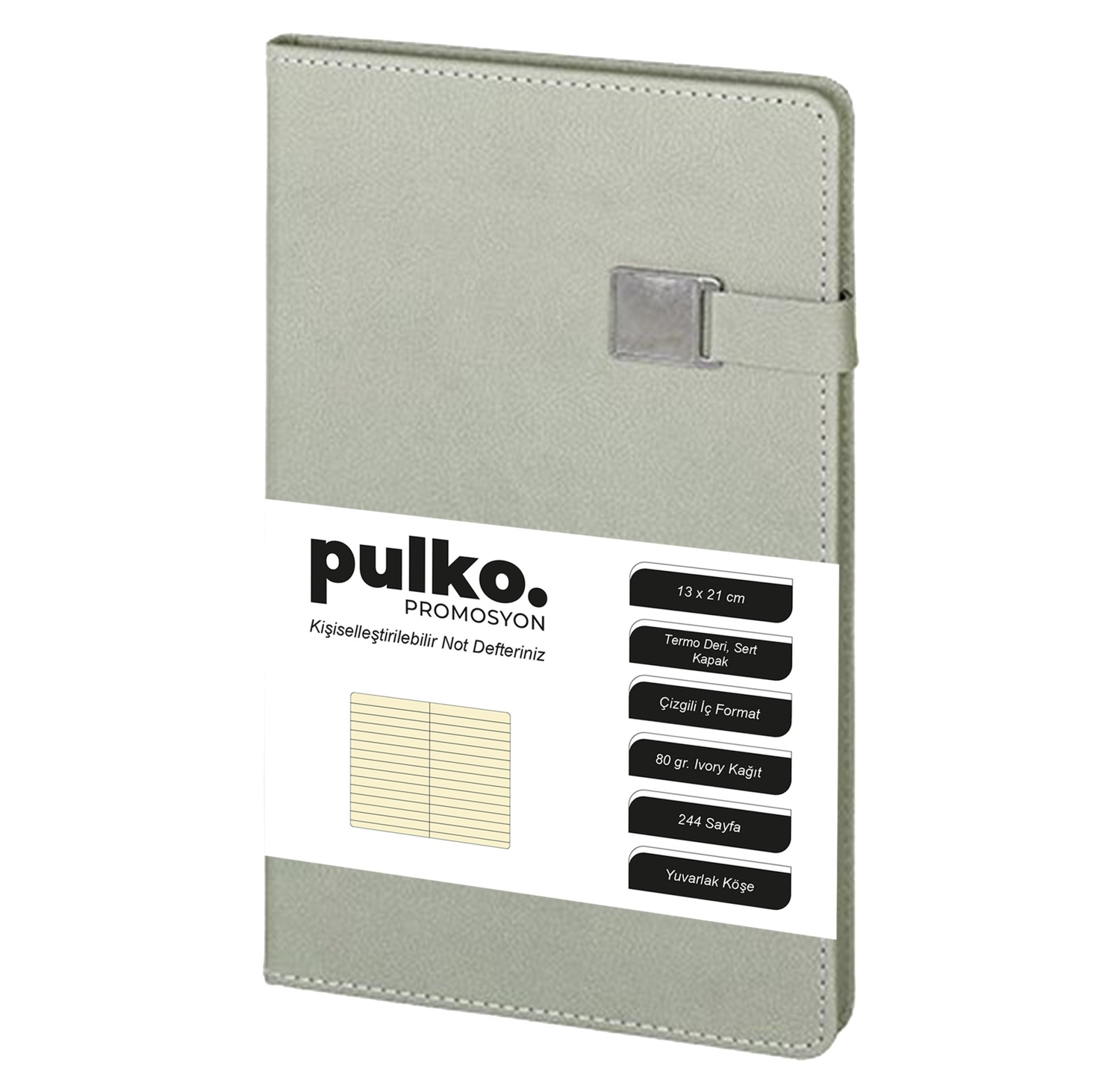 PULKO Notebook Not Defteri, (13x21cm), Termo Deri, Sert Kapak, 224 Sayfa, Çizgili, 012, Gri