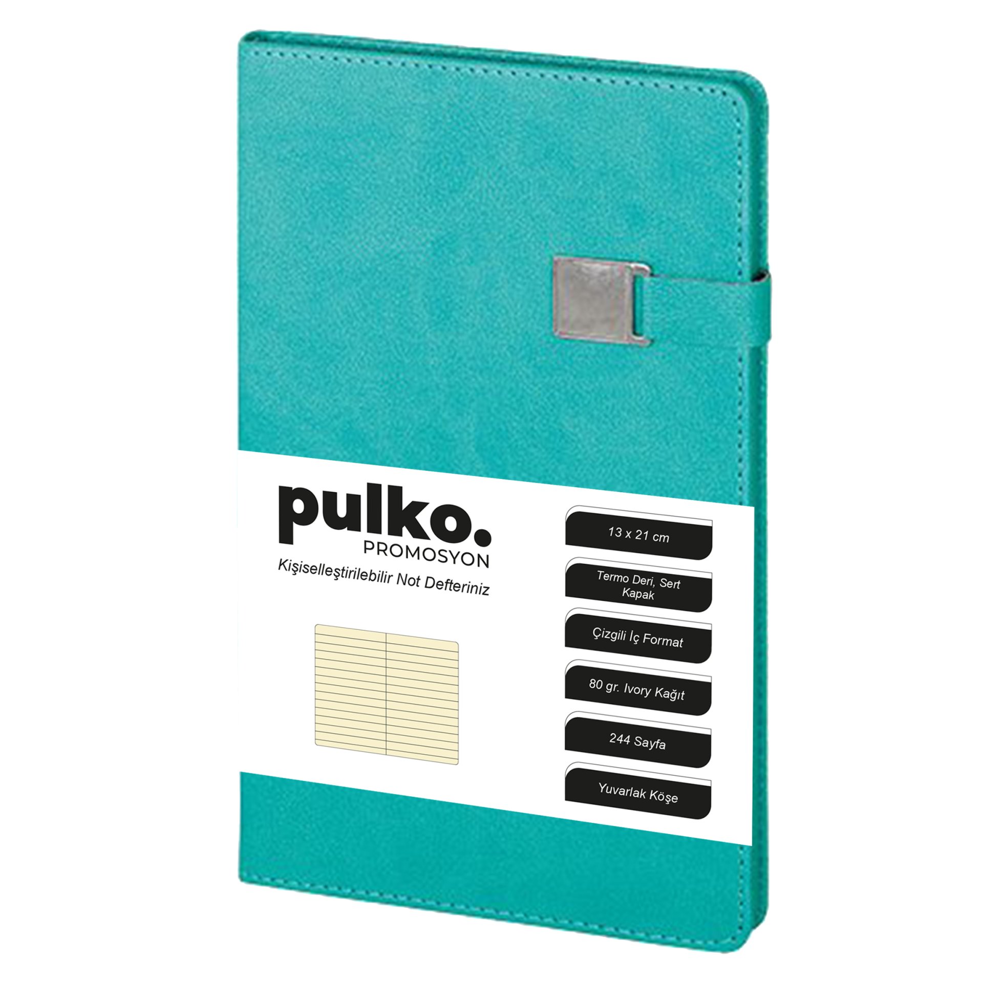 PULKO Notebook Not Defteri, (13x21cm), Termo Deri, Sert Kapak, 224 Sayfa, Çizgili, 012, Turkuaz