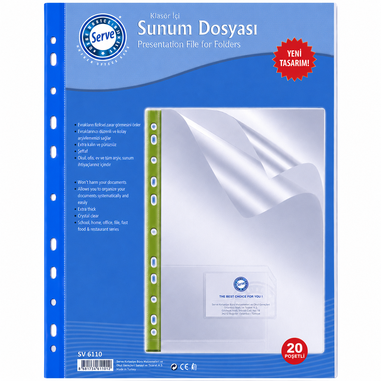 SERVE Sunum Dosyası Klasöre Takılabilir, Mavi (20'li)