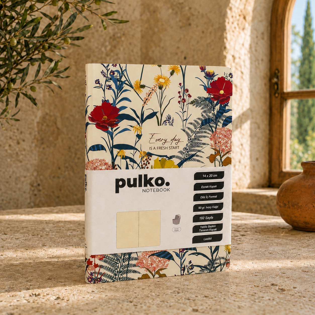 PULKO Notebook Every Day Is A Fresh Start Serisi, (14x20cm), 90gr. Ivory Kağıt, 192 Sayfa, Esnek Kapak, Düz, Morning Sand