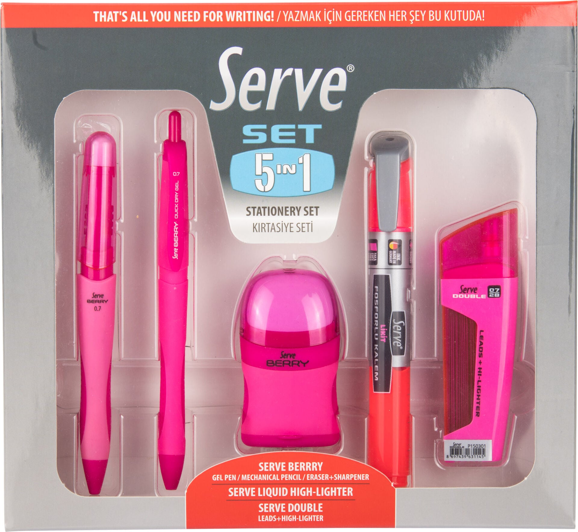 SERVE 5'li Kırtasiye Seti 07mm, Pembe