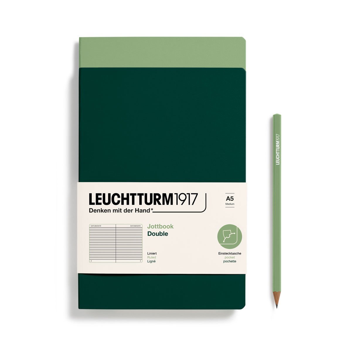 Leuchtturm1917 Jottbook Not Defteri, Orta Boy (A5), Esnek Kapak, 2'li Paket, 80 gr, 59 Numaralandırılmış Sayfa, Çizgili, Adaçayı-Orman Yeşili