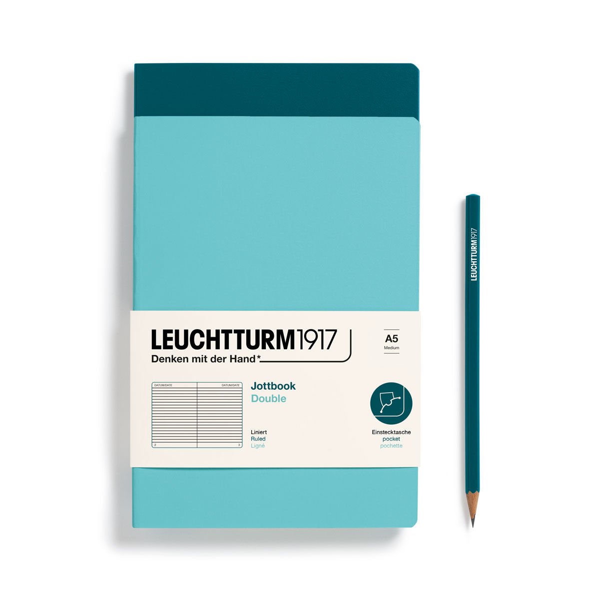 Leuchtturm1917 Jottbook Not Defteri, Orta Boy (A5), Esnek Kapak, 2'li Paket, 80 gr, 59 Numaralandırılmış Sayfa, Çizgili, Akuamarin-Pasifik Yeşili