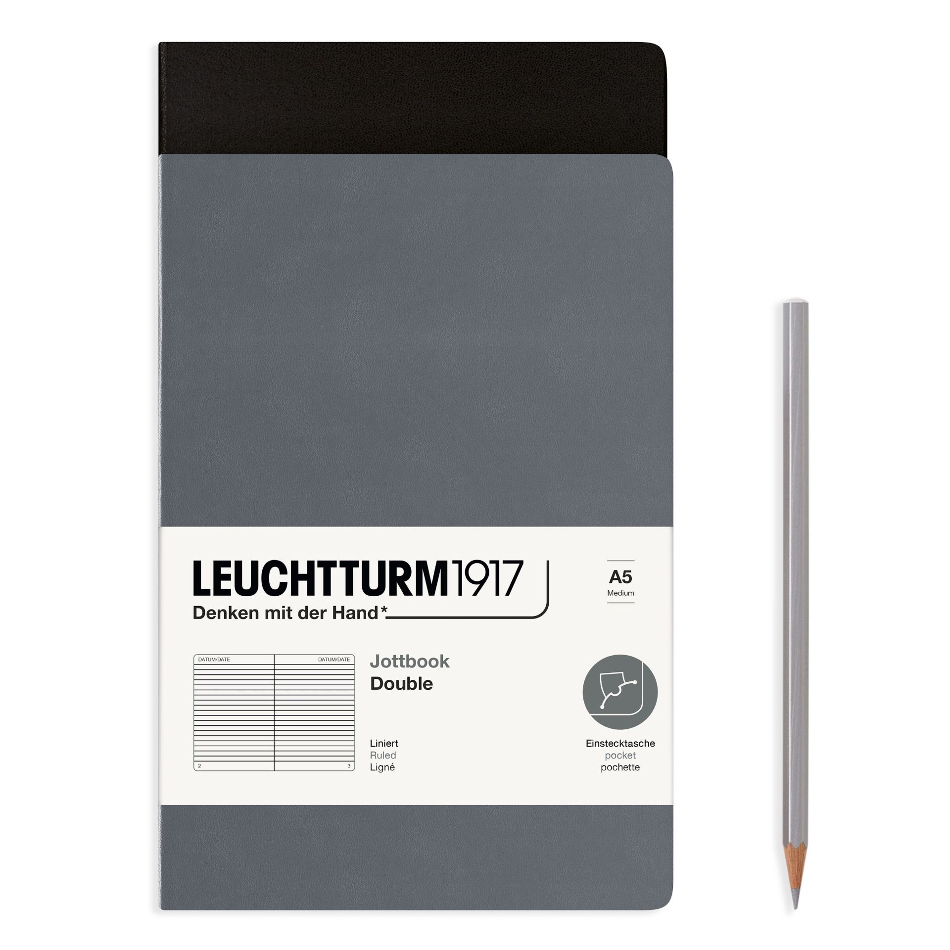 Leuchtturm1917 Jottbook Not Defteri, Orta Boy (A5), Esnek Kapak, 2'li Paket, 80 gr, 59 Numaralandırılmış Sayfa, Çizgili, Antrasit Gri-Siyah
