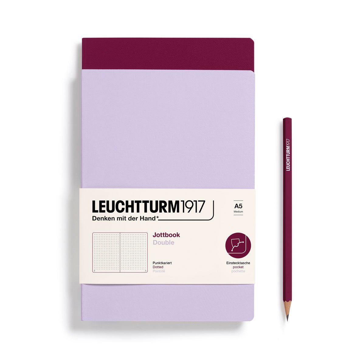 Leuchtturm1917 Jottbook Not Defteri, Orta Boy (A5), Esnek Kapak, 2'li Paket, 80 gr, 59 Numaralandırılmış Sayfa, Noktalı, Leylak-Liman Kırmızısı