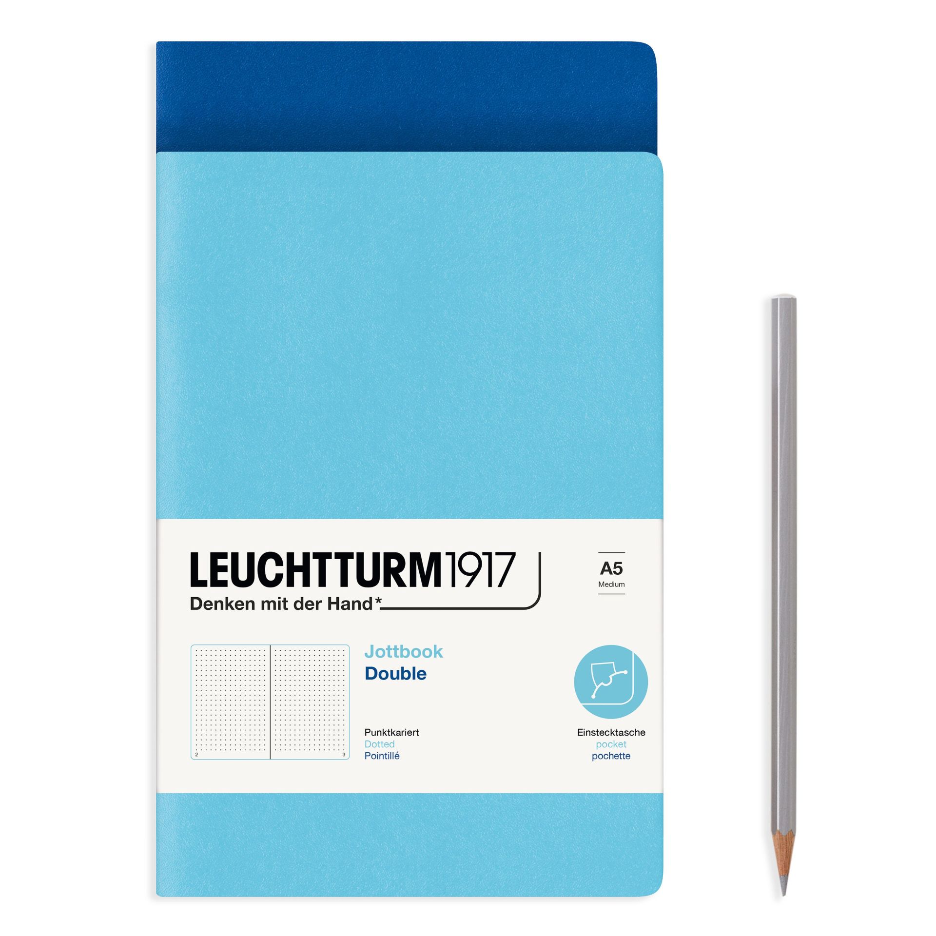 Leuchtturm1917 Jottbook Not Defteri, Orta Boy (A5), Esnek Kapak, 2'li Paket, 80 gr, 59 Numaralandırılmış Sayfa, Noktalı, Buz Mavi-Kraliyet Mavi