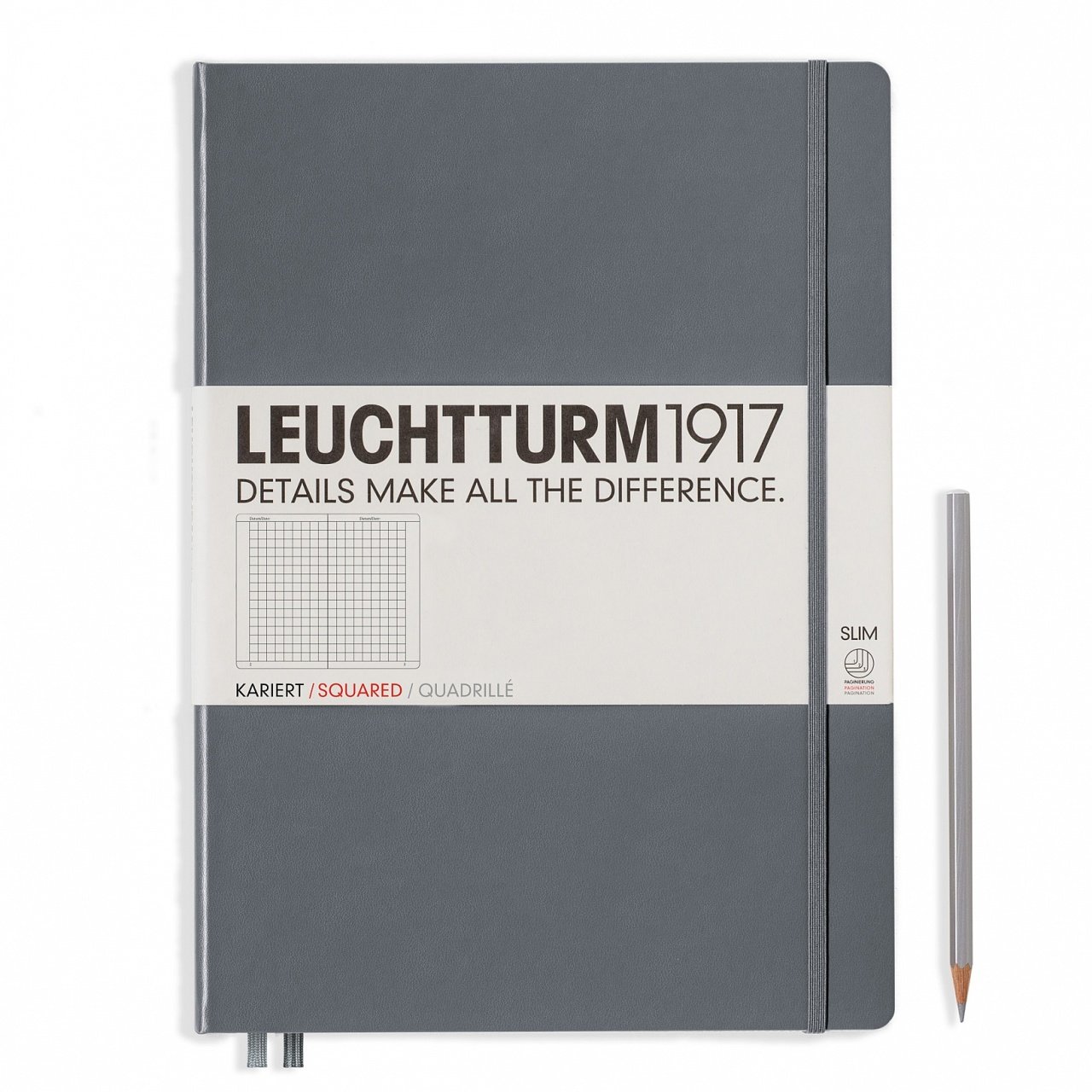 Leuchtturm1917 Master Slim (A4+), 123 sayfa Not Defteri, Antrasit Gri - Kareli
