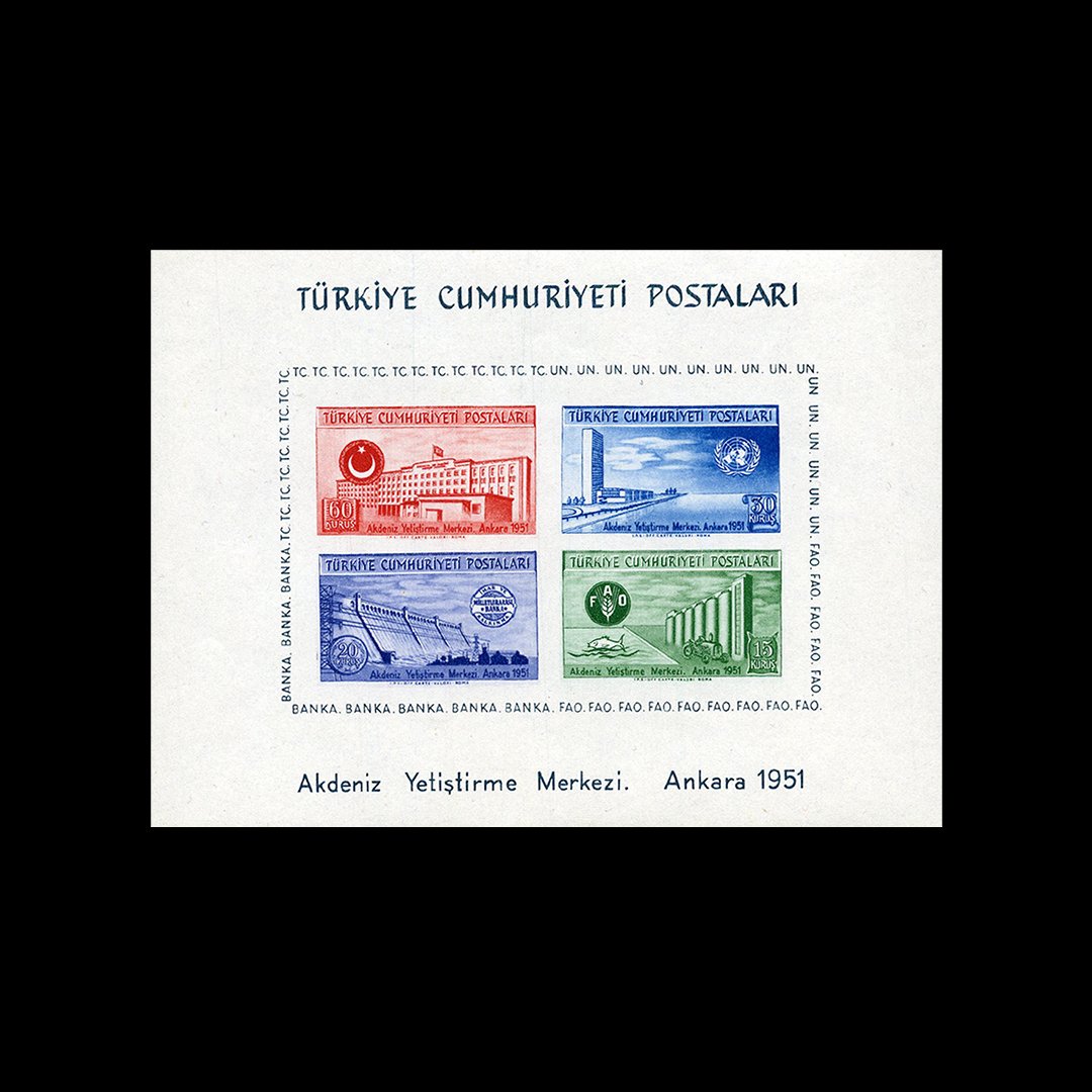 Birleşmiş Milletler Akdeniz Yetiştirme Merkezi (FAO) Hatıra Blok (3 Ocak 1952) - Türkiye Cumhuriyeti Pul Koleksiyonu