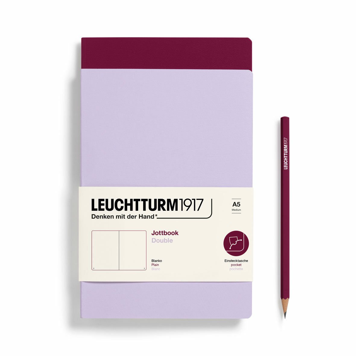 Leuchtturm1917 Jottbook Not Defteri, Orta Boy (A5), Esnek Kapak, 2'li Paket, 80 gr, 59 Numaralandırılmış Sayfa, Düz, Leylak-Liman Kırmızısı