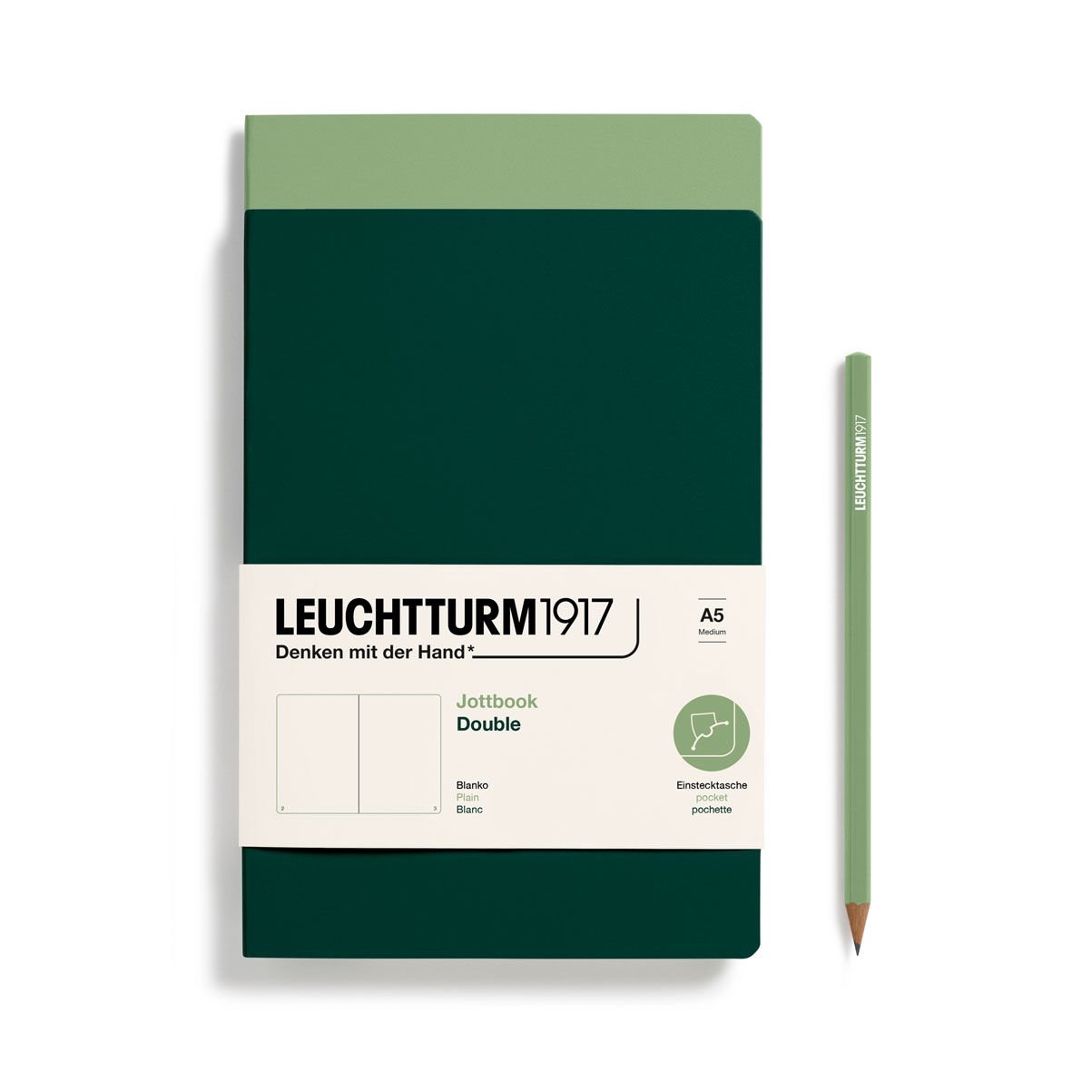 Leuchtturm1917 Jottbook Not Defteri, Orta Boy (A5), Esnek Kapak, 2'li Paket, 80 gr, 59 Numaralandırılmış Sayfa, Düz, Adaçayı-Orman Yeşili