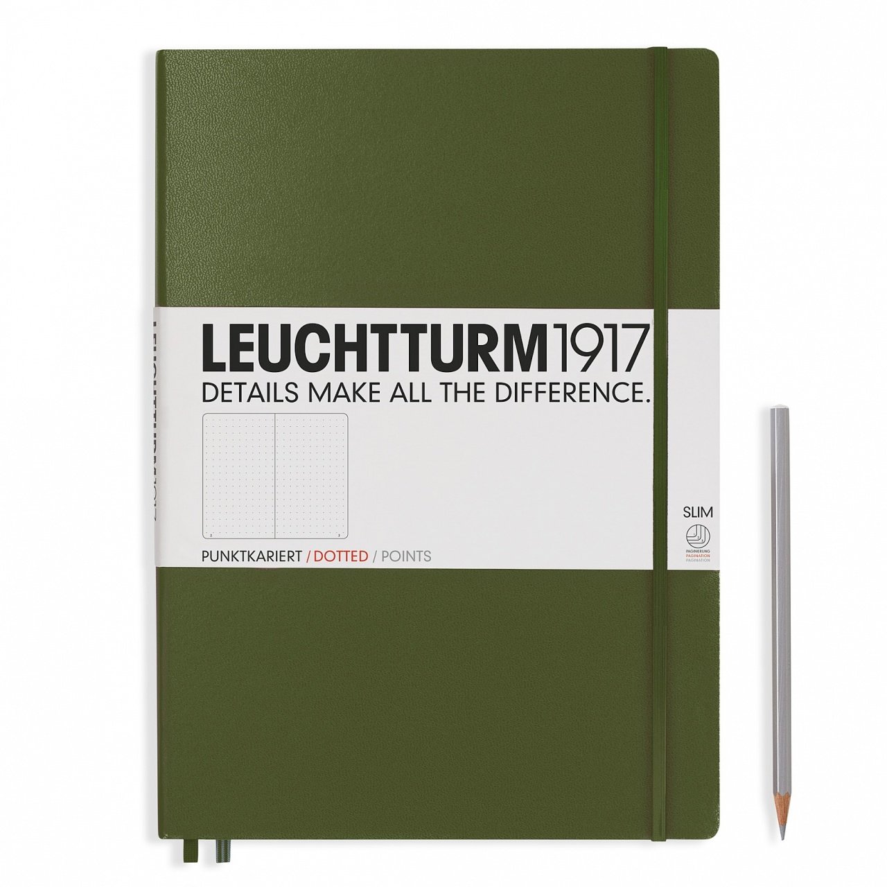 Leuchtturm1917 Master Slim (A4+), 123 sayfa Not Defteri, Asker Yeşili - Noktalı