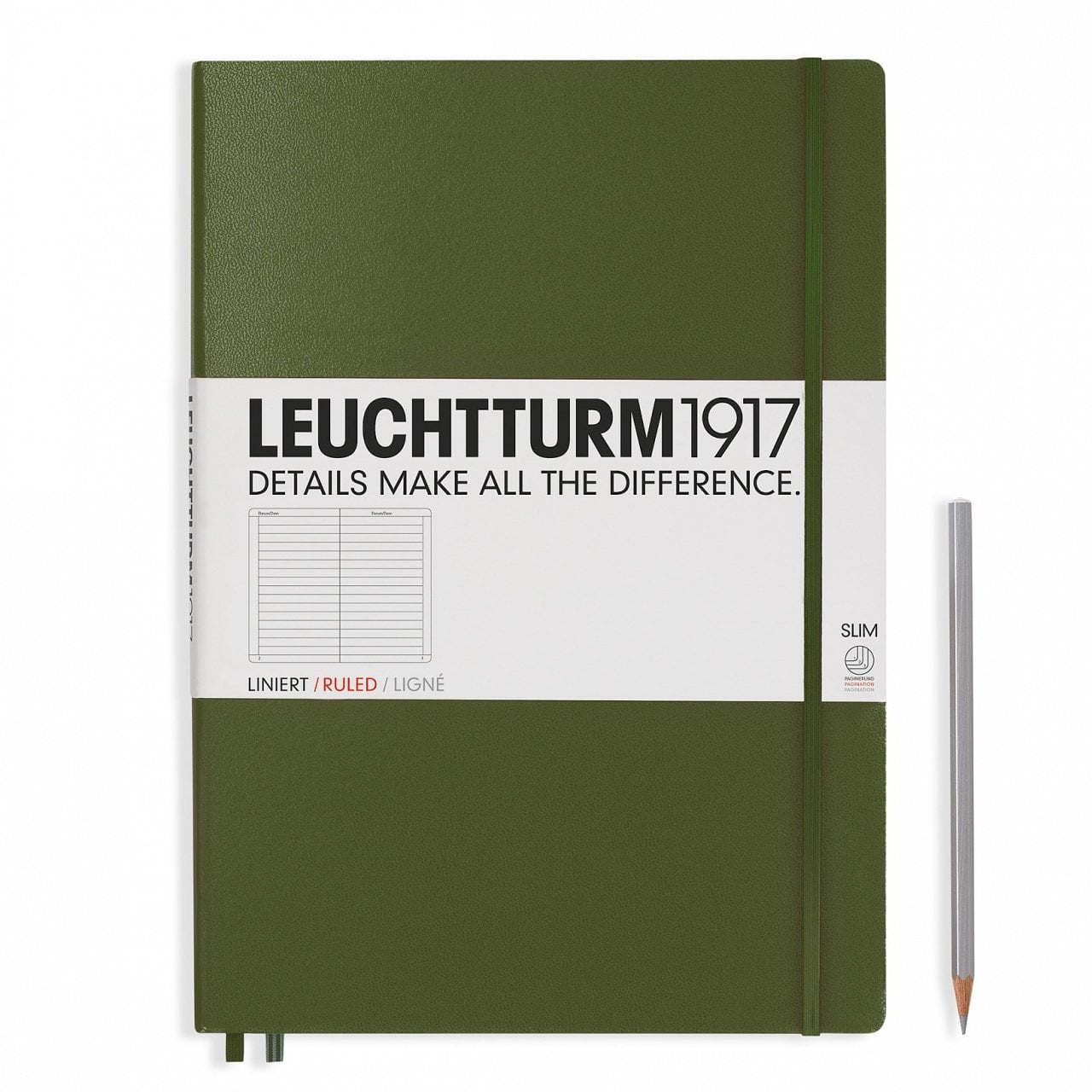 Leuchtturm1917 Master Slim (A4+), 123 sayfa Not Defteri, Asker Yeşili - Çizgili