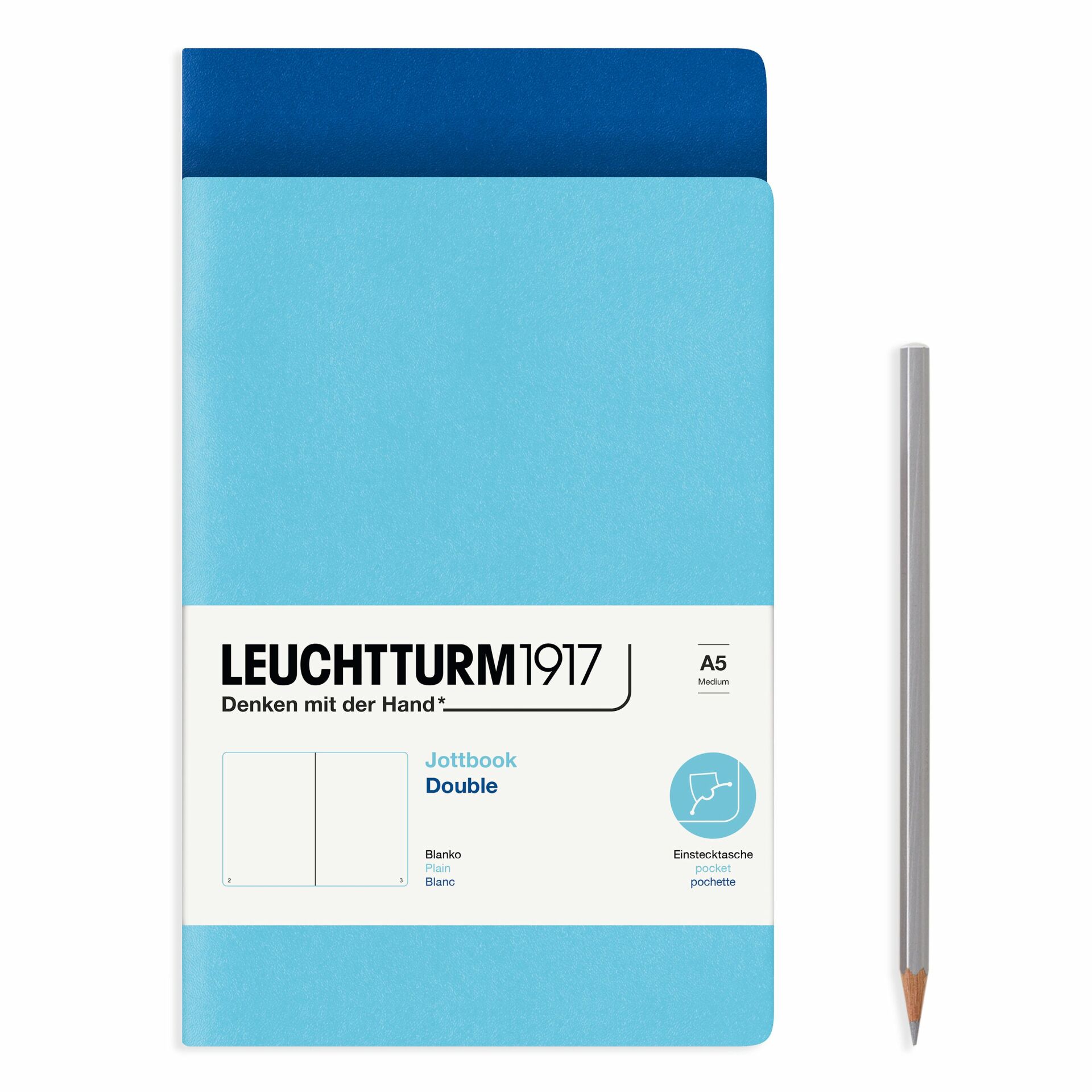 Leuchtturm1917 Jottbook Not Defteri, Orta Boy (A5), Esnek Kapak, 2'li Paket, 80 gr, 59 Numaralandırılmış Sayfa, Düz, Buz Mavi-Kraliyet Mavi