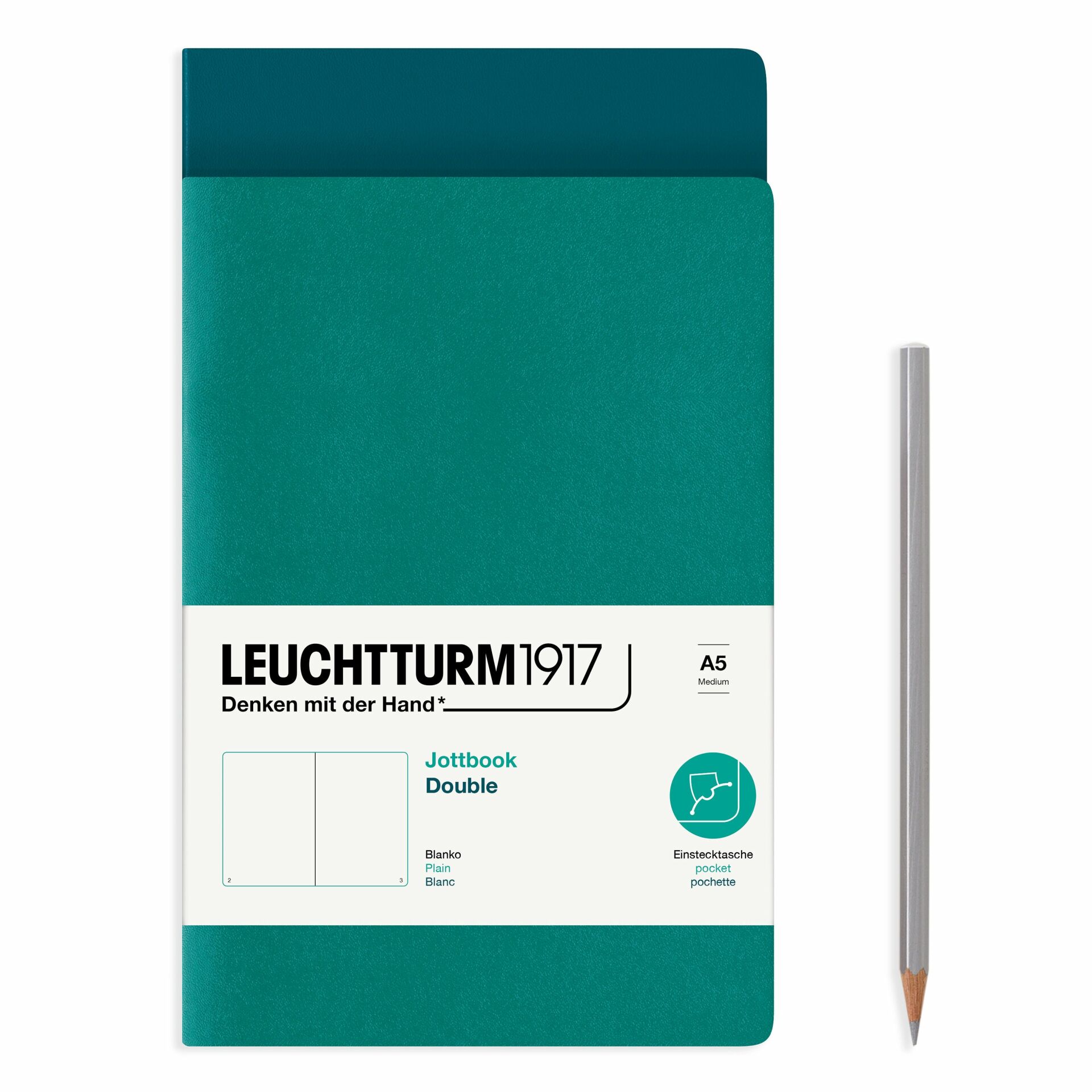 Leuchtturm1917 Jottbook Not Defteri, Orta Boy (A5), Esnek Kapak, 2'li Paket, 80 gr, 59 Numaralandırılmış Sayfa, Düz, Zümrüt Yeşili-Pasifik Yeşil
