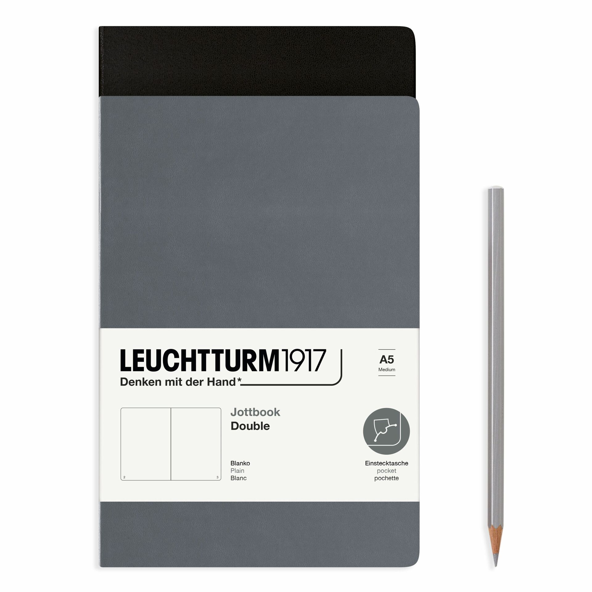 Leuchtturm1917 Jottbook Not Defteri, Orta Boy (A5), Esnek Kapak, 2'li Paket, 80 gr, 59 Numaralandırılmış Sayfa, Düz, Antrasit Gri-Siyah