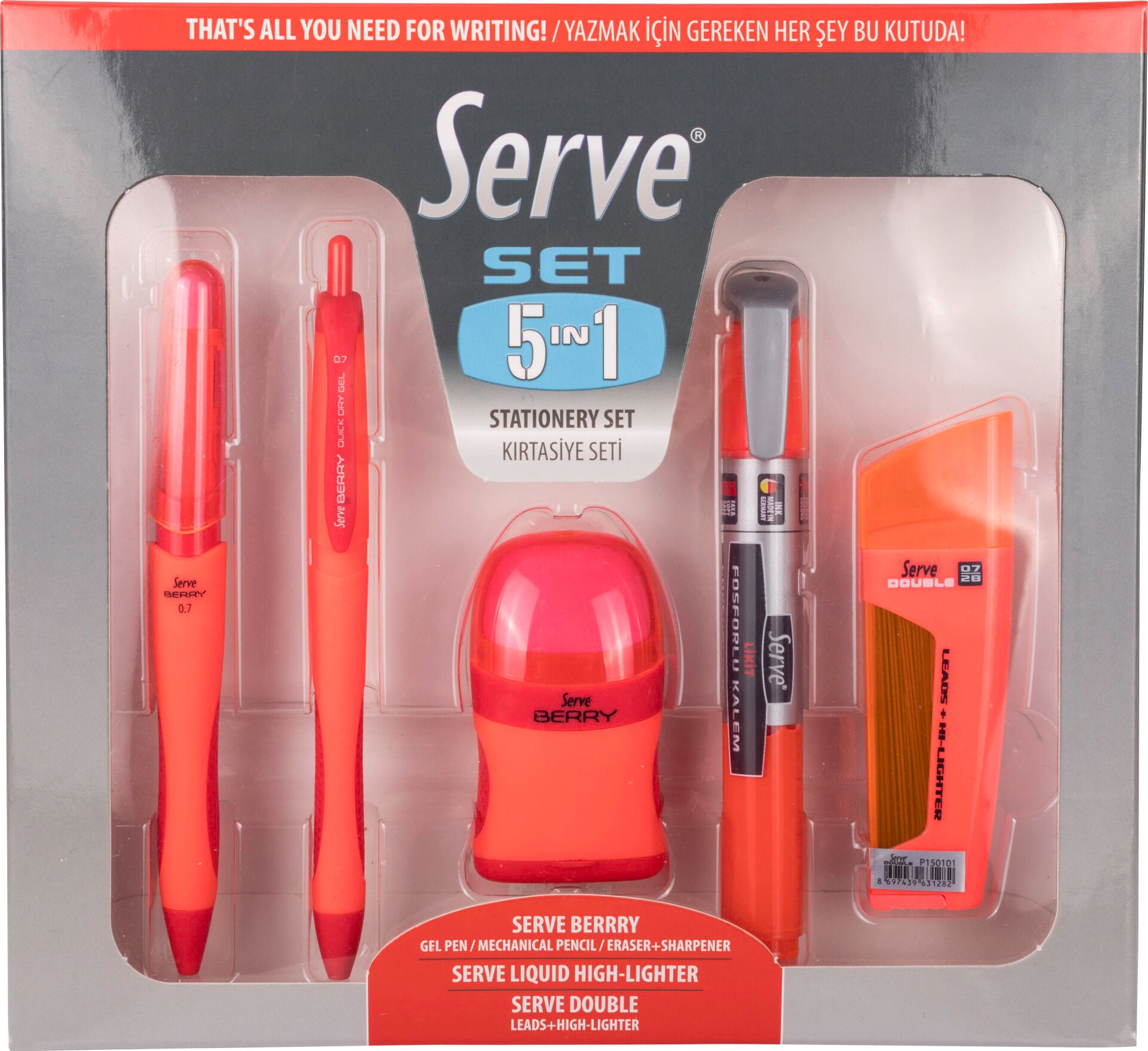 SERVE 5'li Kırtasiye Seti 07mm, Kırmızı