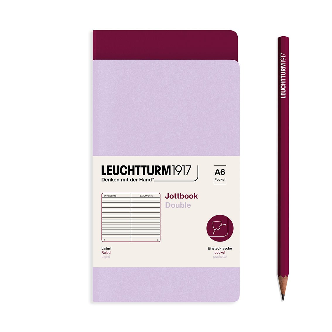 Leuchtturm1917 Jottbook Not Defteri, Cep Boy (A6), Esnek Kapak, 2'li Paket, 80 gr, 59 Numaralandırılmış Sayfa,Çizgili Leylak-Liman Kırmızısı