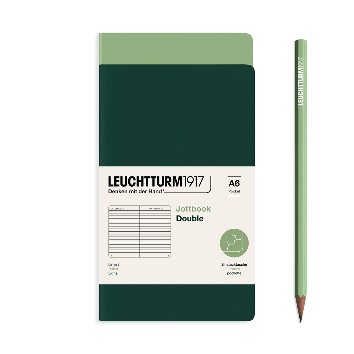 Leuchtturm1917 Jottbook Not Defteri, Cep Boy (A6), Esnek Kapak, 2'li Paket, 80 gr, 59 Numaralandırılmış Sayfa,Çizgili Adaçayı-Orman Yeşili
