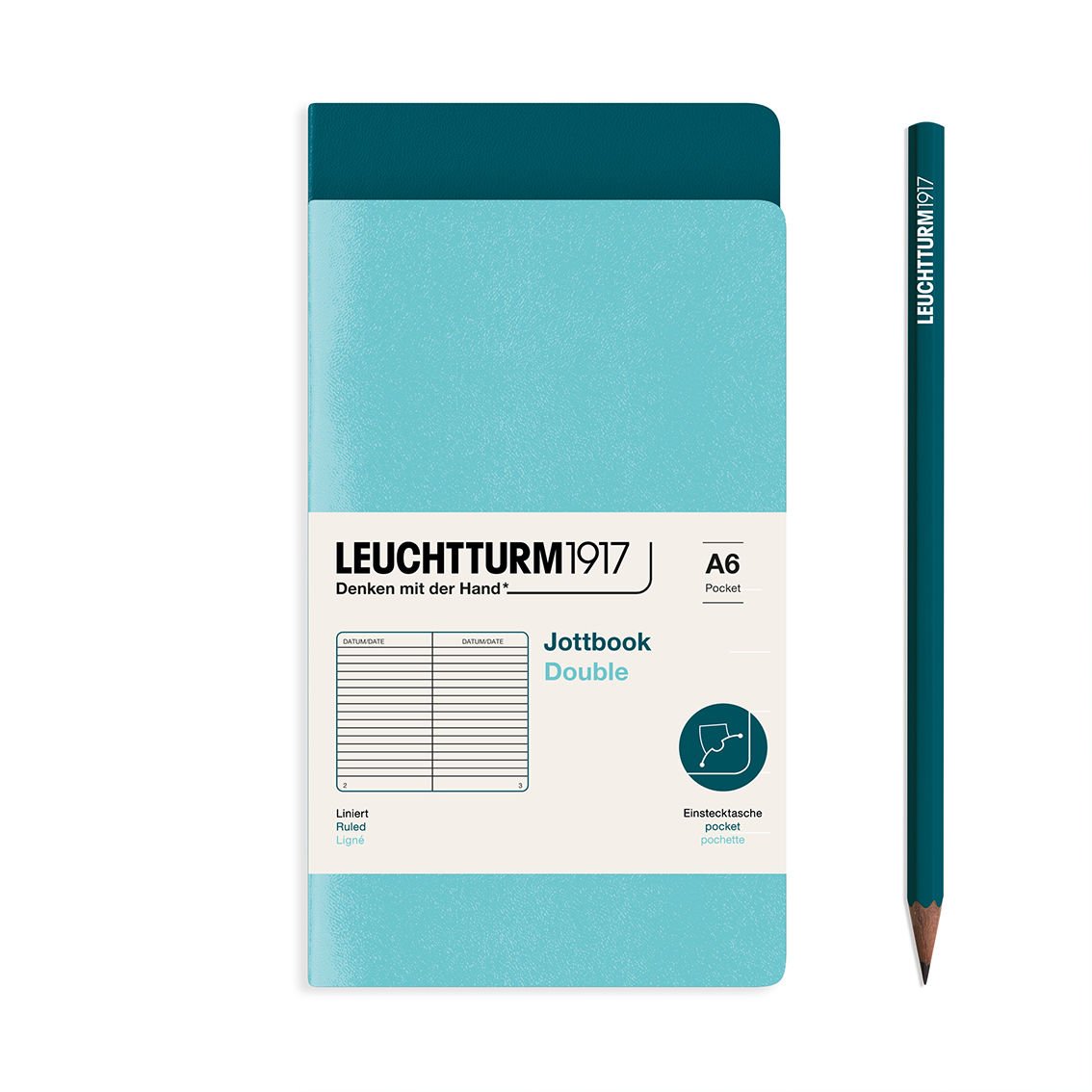 Leuchtturm1917 Jottbook Not Defteri, Cep Boy (A6), Esnek Kapak, 2'li Paket, 80 gr, 59 Numaralandırılmış Sayfa,Çizgili Akuamarin-Pasifik Yeşili