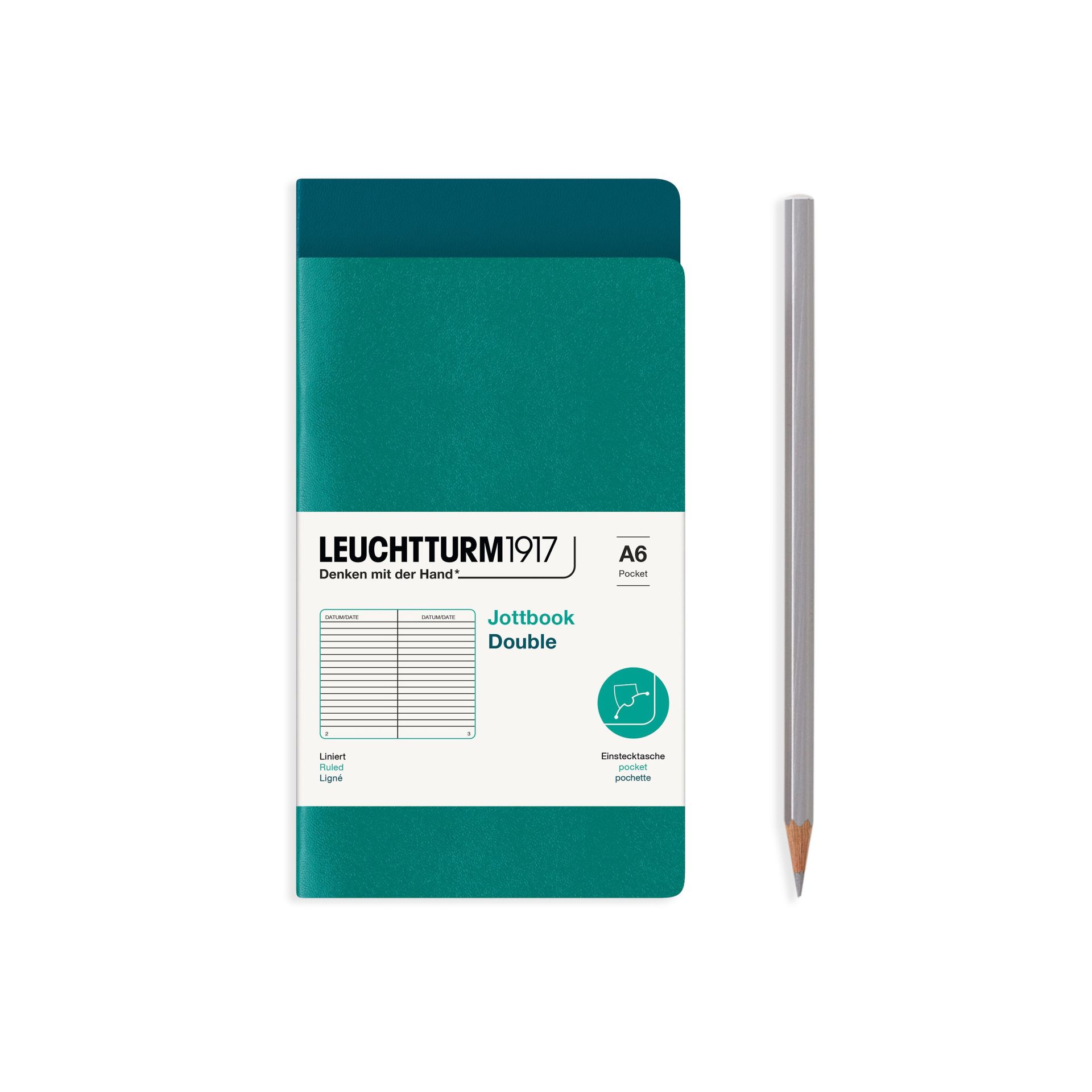 Leuchtturm1917 Jottbook Not Defteri, Cep Boy (A6), Esnek Kapak, 2'li Paket, 80 gr, 59 Numaralandırılmış Sayfa,Çizgili Zümrüt Yeşili-Pasifik Yeşil