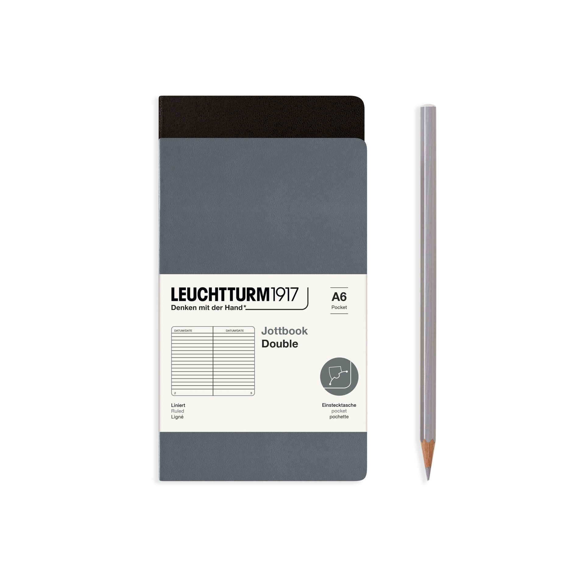 Leuchtturm1917 Jottbook Not Defteri, Cep Boy (A6), Esnek Kapak, 2'li Paket, 80 gr, 59 Numaralandırılmış Sayfa,Çizgili Antrasit Gri-Siyah