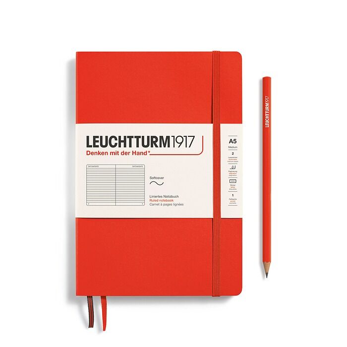 Leuchtturm1917 Not Defteri Orta Boy (A5), Yumuşak Kapak, 121 Numaralandırılmış Sayfa, Istakoz Kırmızı - Çizgili