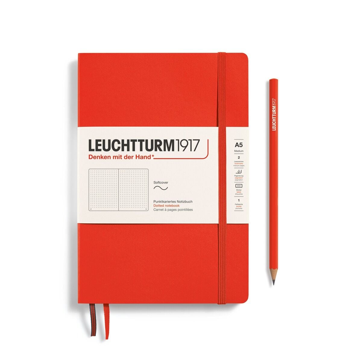 Leuchtturm1917 Not Defteri Orta Boy (A5), Yumuşak Kapak, 121 Numaralandırılmış Sayfa, Istakoz Kırmızı - Noktalı