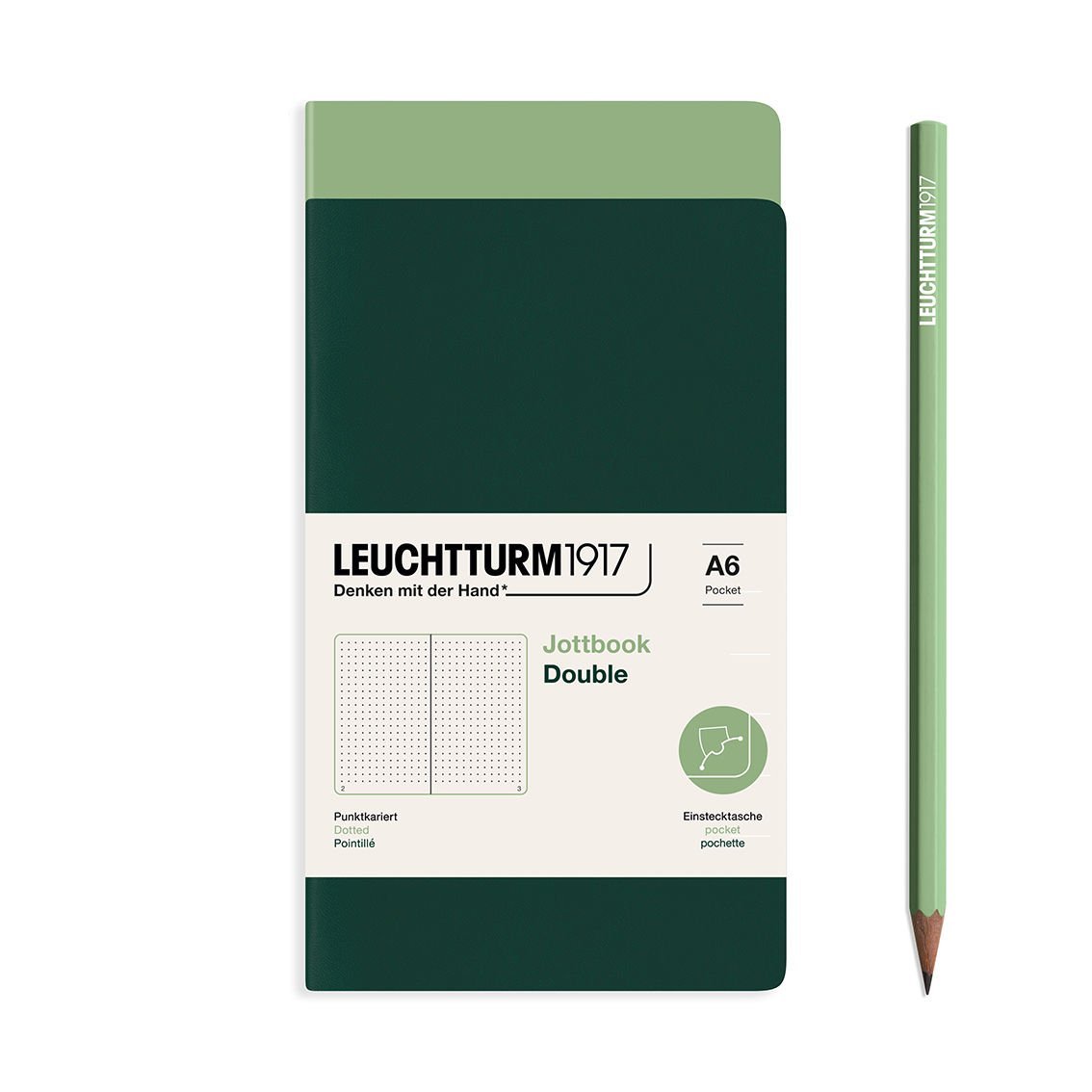 Leuchtturm1917 Jottbook Not Defteri, Cep Boy (A6), Esnek Kapak, 2'li Paket, 80 gr, 59 Numaralandırılmış Sayfa,Noktalı Adaçayı-Orman Yeşili