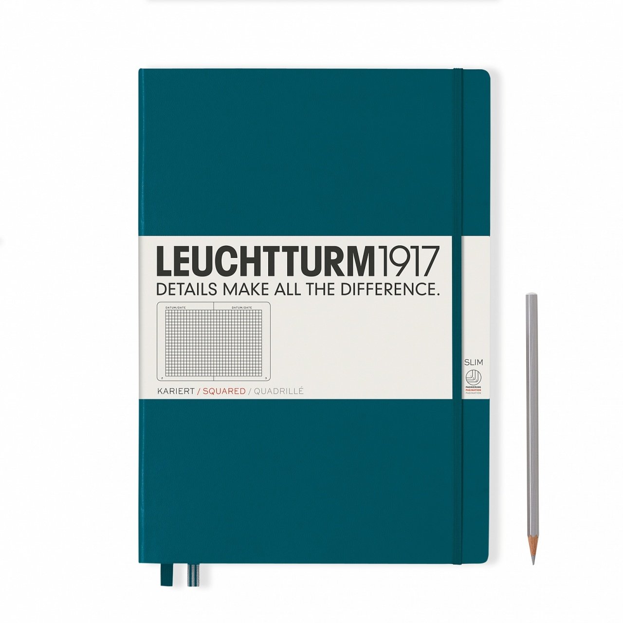 Leuchtturm1917 Master Slim (A4+), 123 sayfa Not Defteri, Pasifik Yeşili - Kareli