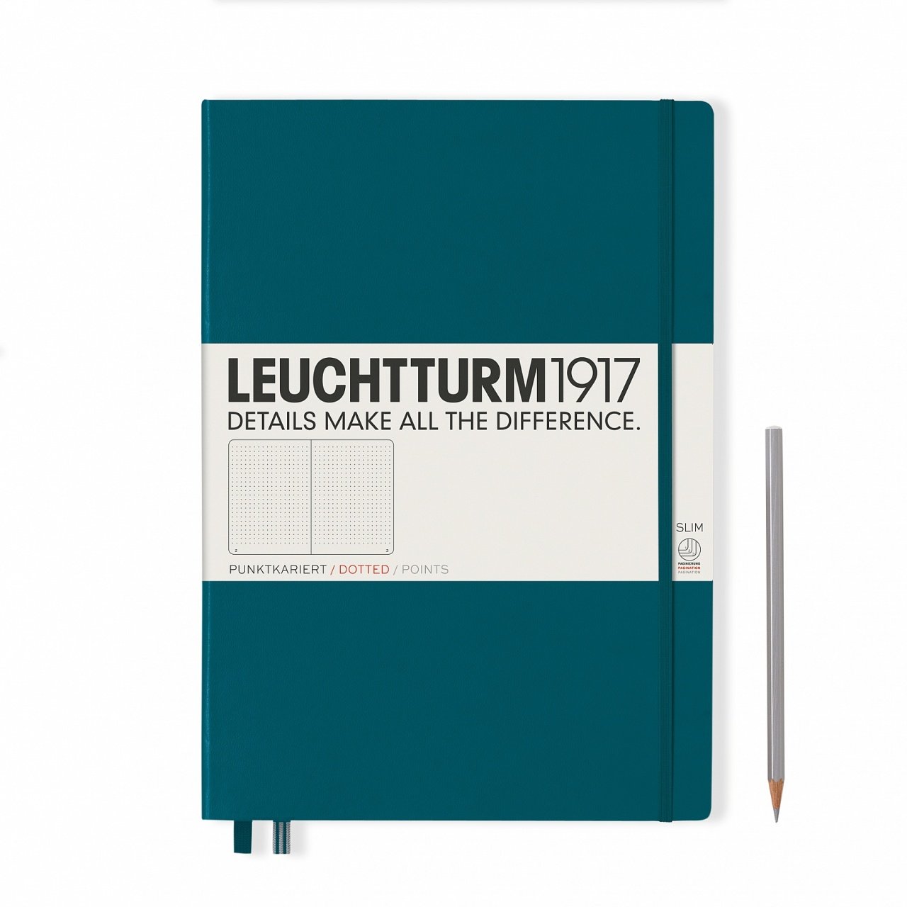 Leuchtturm1917 Master Slim (A4+), 123 sayfa Not Defteri, Pasifik Yeşili - Noktalı