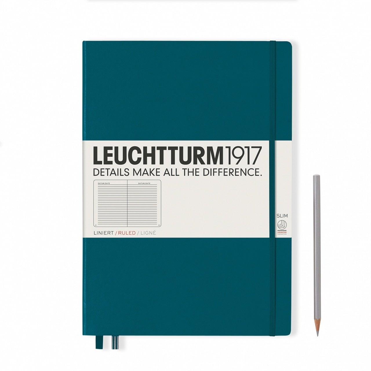 Leuchtturm1917 Master Slim (A4+), 123 sayfa Not Defteri, Pasifik Yeşili - Çizgili