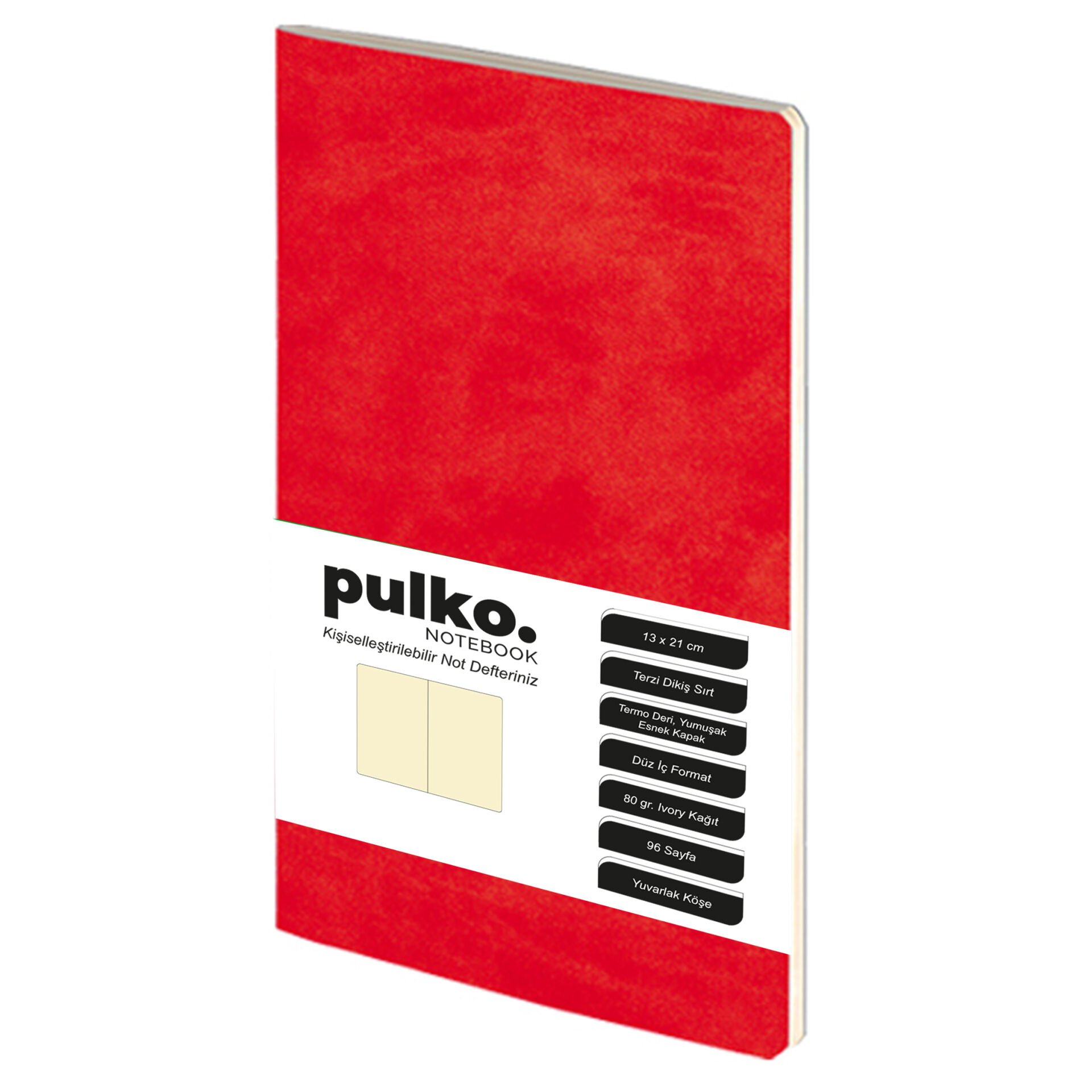 PULKO Notebook Not Defteri, (13x21cm), Terzi Dikiş, Termo Deri Kapak, 96 Sayfa, Krem Kağıt, Düz, 032, Kırmızı