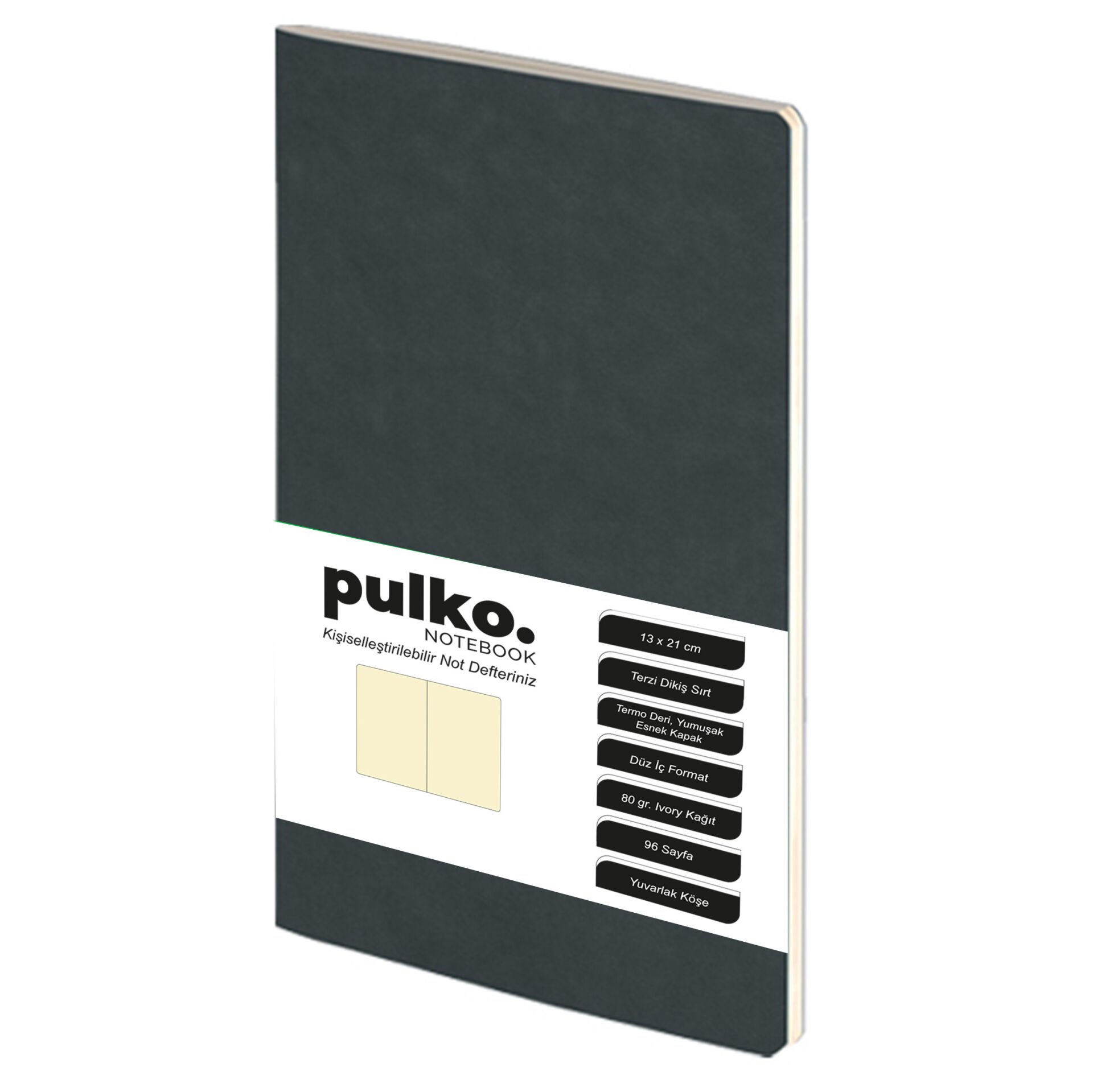 PULKO Notebook Not Defteri, (13x21cm), Terzi Dikiş, Termo Deri Kapak, 96 Sayfa, Krem Kağıt, Düz, 032, Siyah