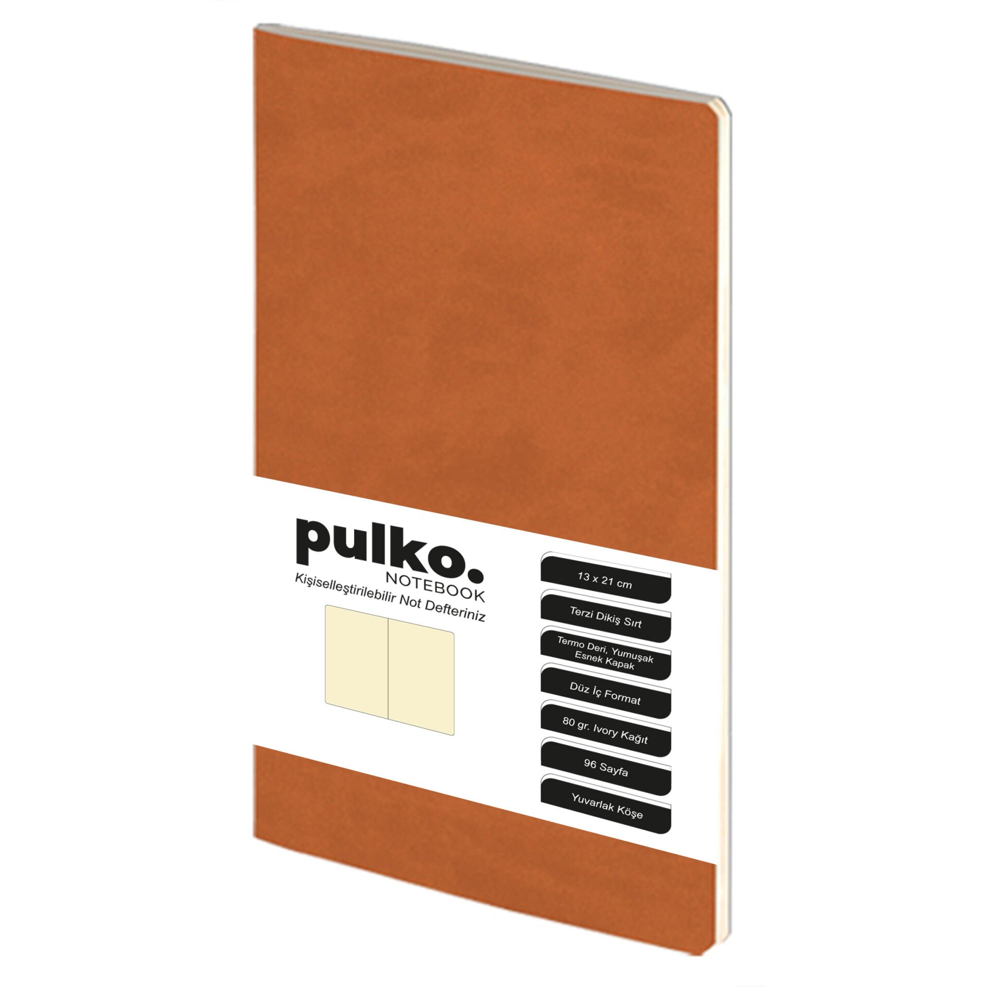 PULKO Notebook Not Defteri, (13x21cm), Terzi Dikiş, Termo Deri Kapak, 96 Sayfa, Krem Kağıt, Düz, 032, Taba