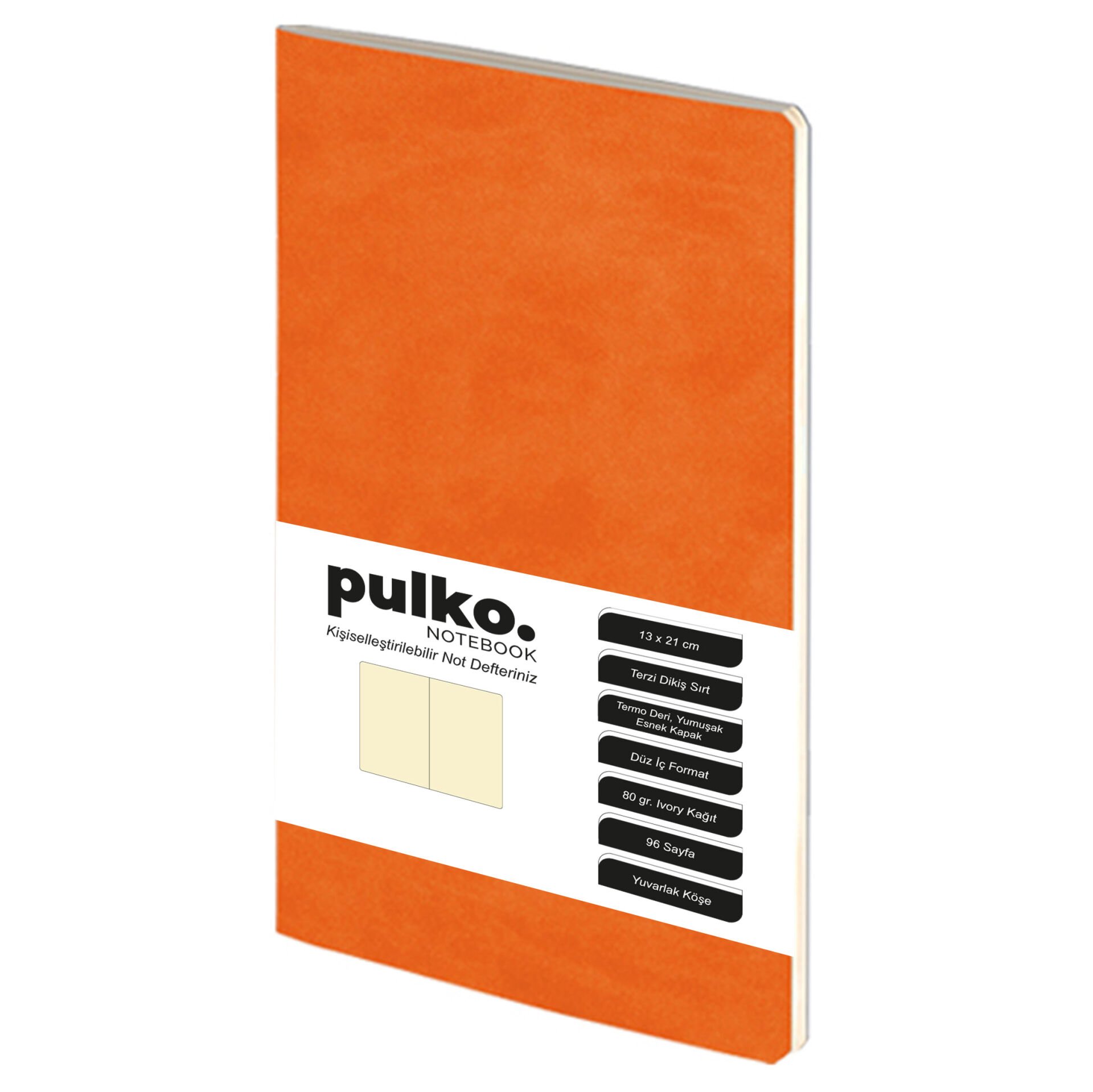PULKO Notebook Not Defteri, (13x21cm), Terzi Dikiş, Termo Deri Kapak, 96 Sayfa, Krem Kağıt, Düz, 032, Turuncu