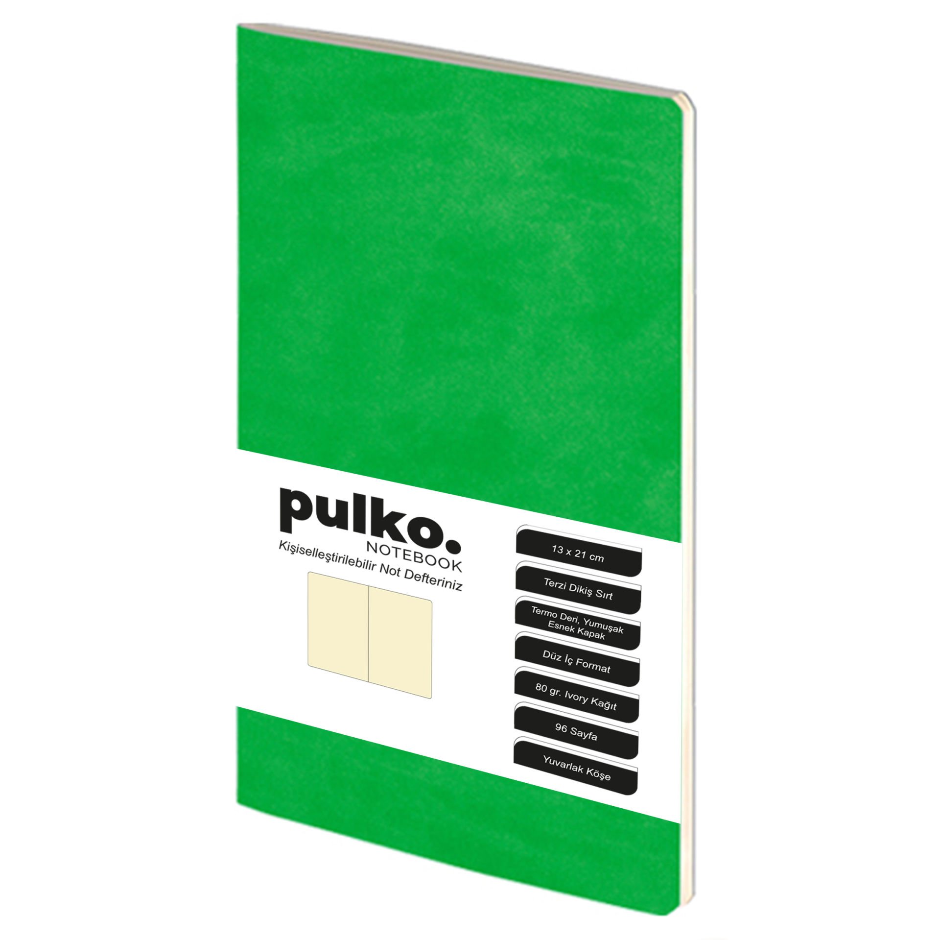 PULKO Notebook Not Defteri, (13x21cm), Terzi Dikiş, Termo Deri Kapak, 96 Sayfa, Krem Kağıt, Düz, 032, Yeşil