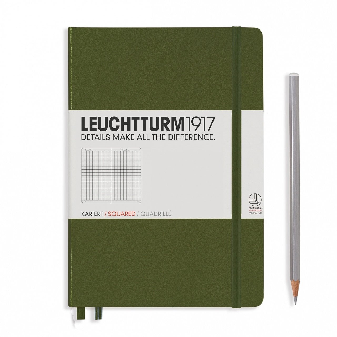 Leuchtturm1917 Not Defteri Orta Boy (A5), Sert Kapak, 249 Numaralandırılmış Sayfa, Asker Yeşili - Kareli
