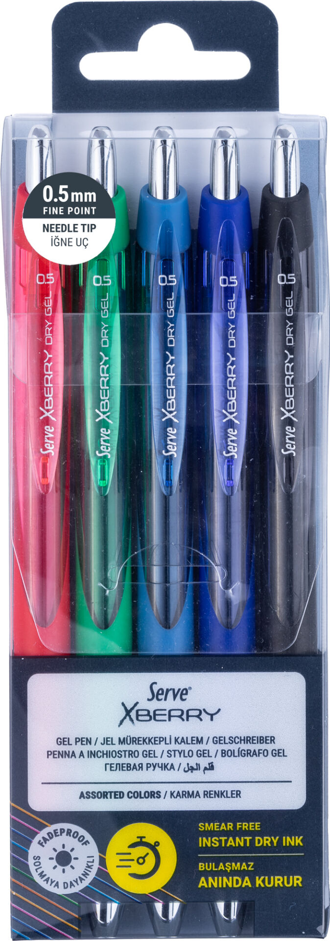 SERVE XBerry Dry Gel 0.5 mm İğne Uçlu Jel Mürekkepli Kalem 5'li Set - Klasik Renkler