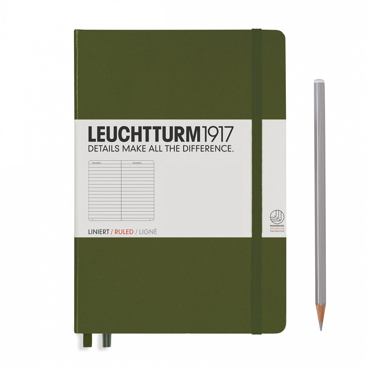 Leuchtturm1917 Not Defteri Orta Boy (A5), Sert Kapak, 249 Numaralandırılmış Sayfa, Asker Yeşili - Çizgili