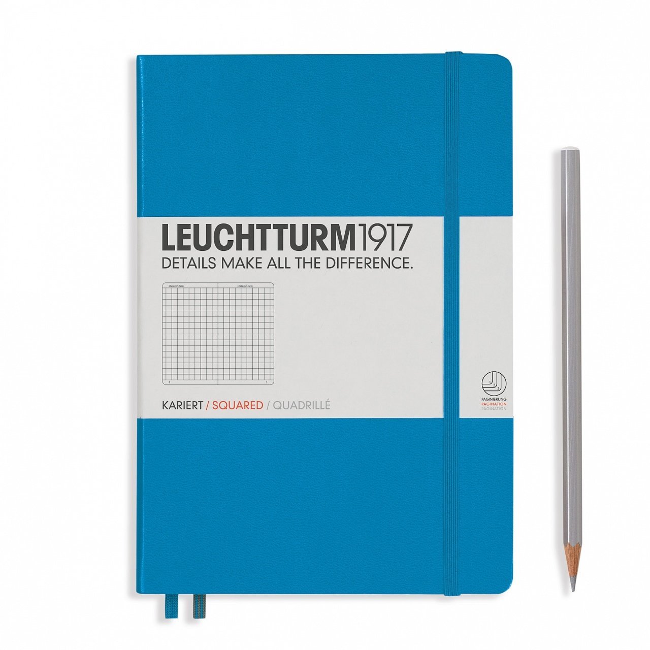Leuchtturm1917 Not Defteri Orta Boy (A5), Sert Kapak, 249 Numaralandırılmış Sayfa, Azur Mavi - Kareli