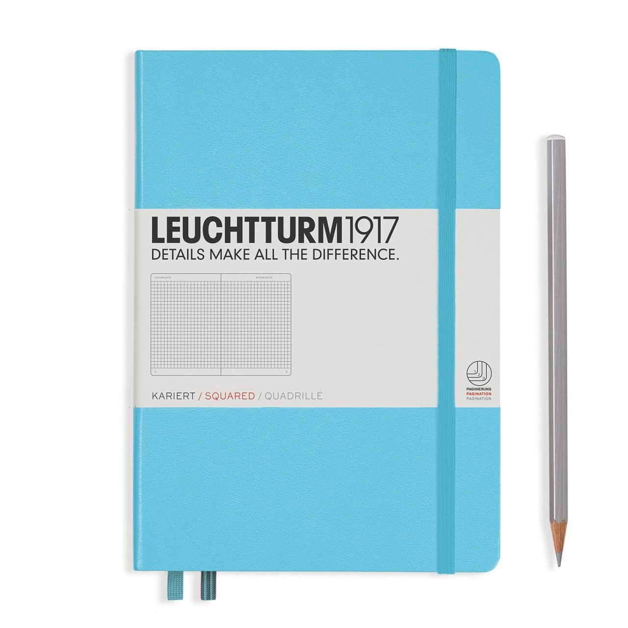 Leuchtturm1917 Not Defteri Orta Boy (A5), Sert Kapak, 249 Numaralandırılmış Sayfa, Buz Mavi - Kareli