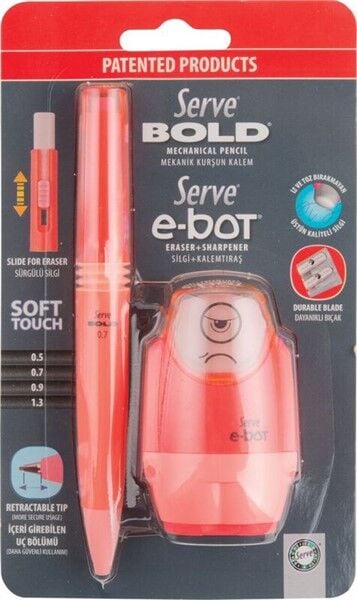 SERVE Bold 0.7 mm Versatil Uçlu Kalem ve E-Bot Silgili Kalemtıraş Seti 2'li, Kırmızı