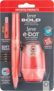 SERVE Bold 0.7 mm Versatil Uçlu Kalem ve E-Bot Silgili Kalemtıraş Seti 2'li, Kırmızı