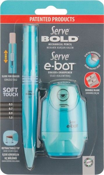 SERVE Bold 0.7 mm Versatil Uçlu Kalem ve E-Bot Silgili Kalemtıraş Seti 2'li, Mavi