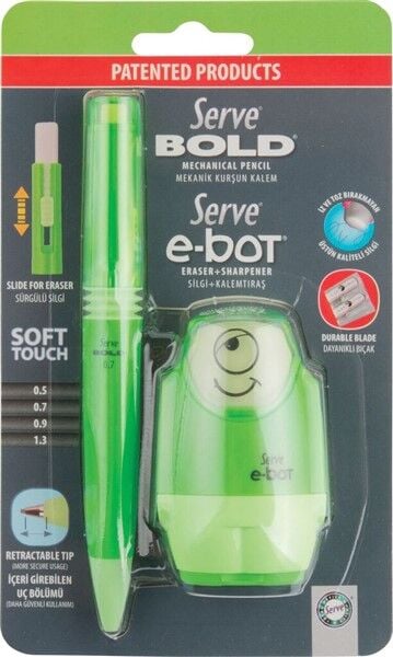 SERVE Bold 0.7 mm Versatil Uçlu Kalem ve E-Bot Silgili Kalemtıraş Seti 2'li, Yeşil