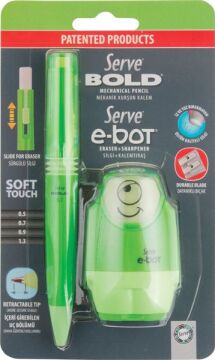 SERVE Bold 0.7 mm Versatil Uçlu Kalem ve E-Bot Silgili Kalemtıraş Seti 2'li, Yeşil