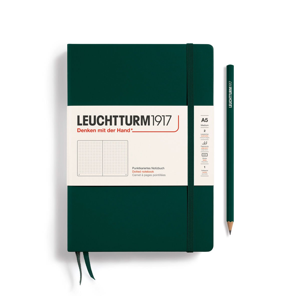 Leuchtturm1917 Doğal Renkler Serisi Not Defteri, Orta Boy (A5), Sert Kapak, 251 Numaralandırılmış Sayfa, Orman Yeşili - Noktalı