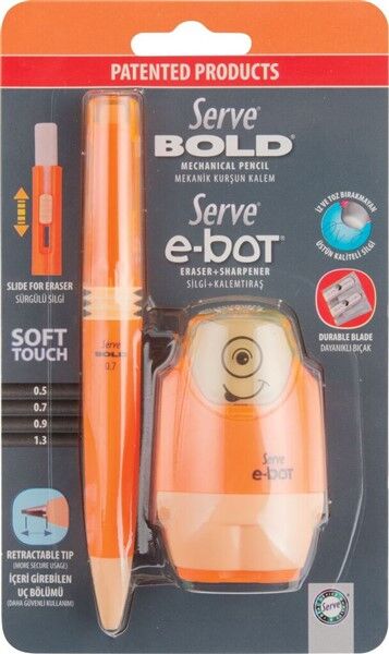 SERVE Bold 0.7 mm Versatil Uçlu Kalem ve E-Bot Silgili Kalemtıraş Seti 2'li, Turuncu