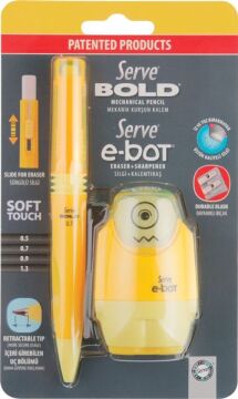 SERVE Bold 0.7 mm Versatil Uçlu Kalem ve E-Bot Silgili Kalemtıraş Seti 2'li, Sarı