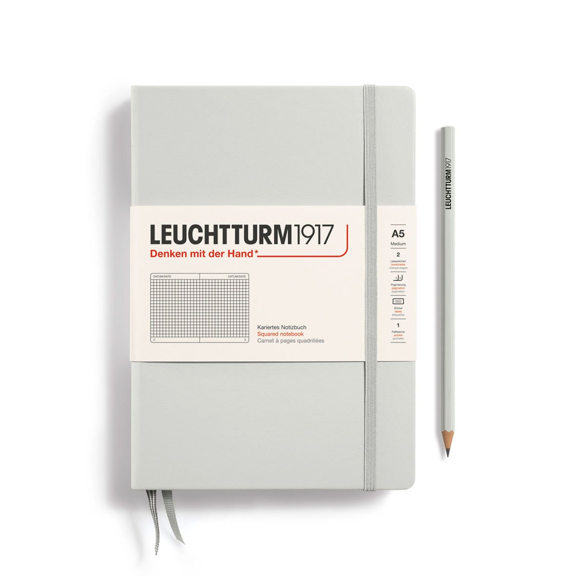 Leuchtturm1917 Doğal Renkler Serisi Not Defteri, Orta Boy (A5), Sert Kapak, 251 Numaralandırılmış Sayfa, Açık Gri - Kareli